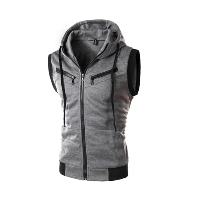 2023 Spring/Summer Men\'s Top Hooded Tank Top Sleeveless Vest Solid Casual Hoodie Pocket Vest Zipper Coat