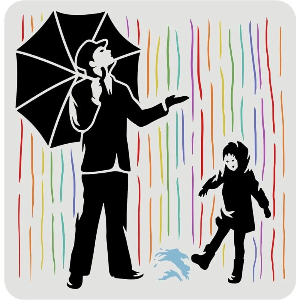 Banksy Stencil 11.8x11.8inch Reusable Banksy - Colorful Rain Stencil Man Under The Umbrella and Child Pattern Drawing Decoration