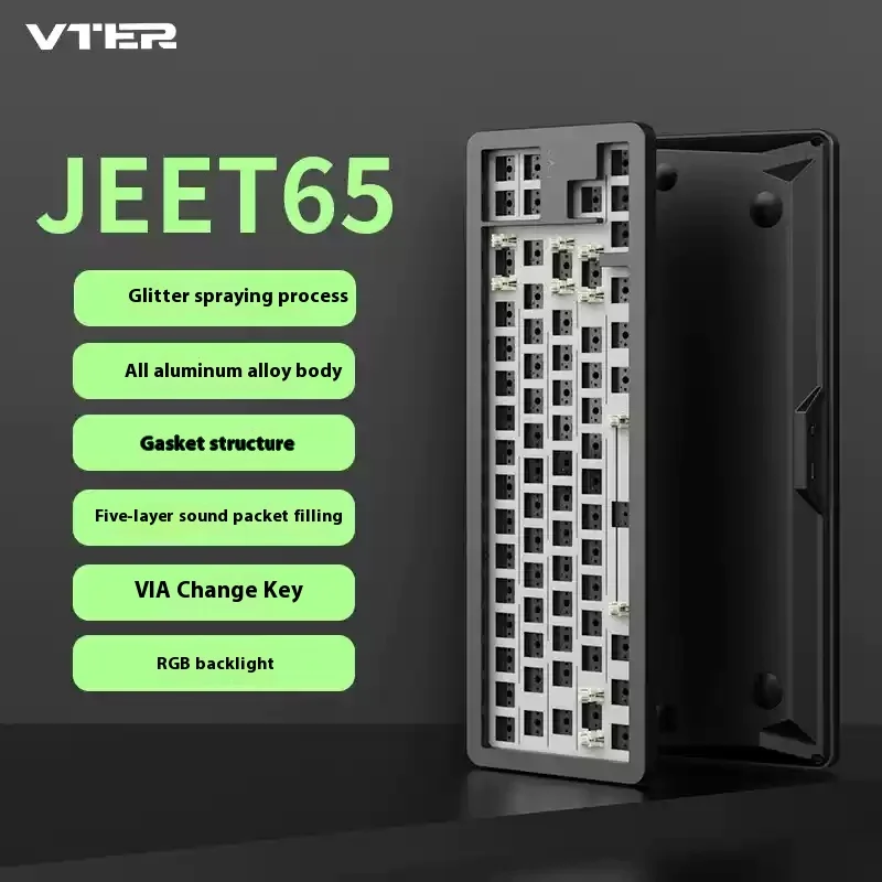 

VTER JEET65 Комплект механической клавиатуры из алюминиевого сплава, трехрежимная беспроводная связь через Gming 6000 мАч, эргономичная прокладка для горячей замены, подарок для ноутбука