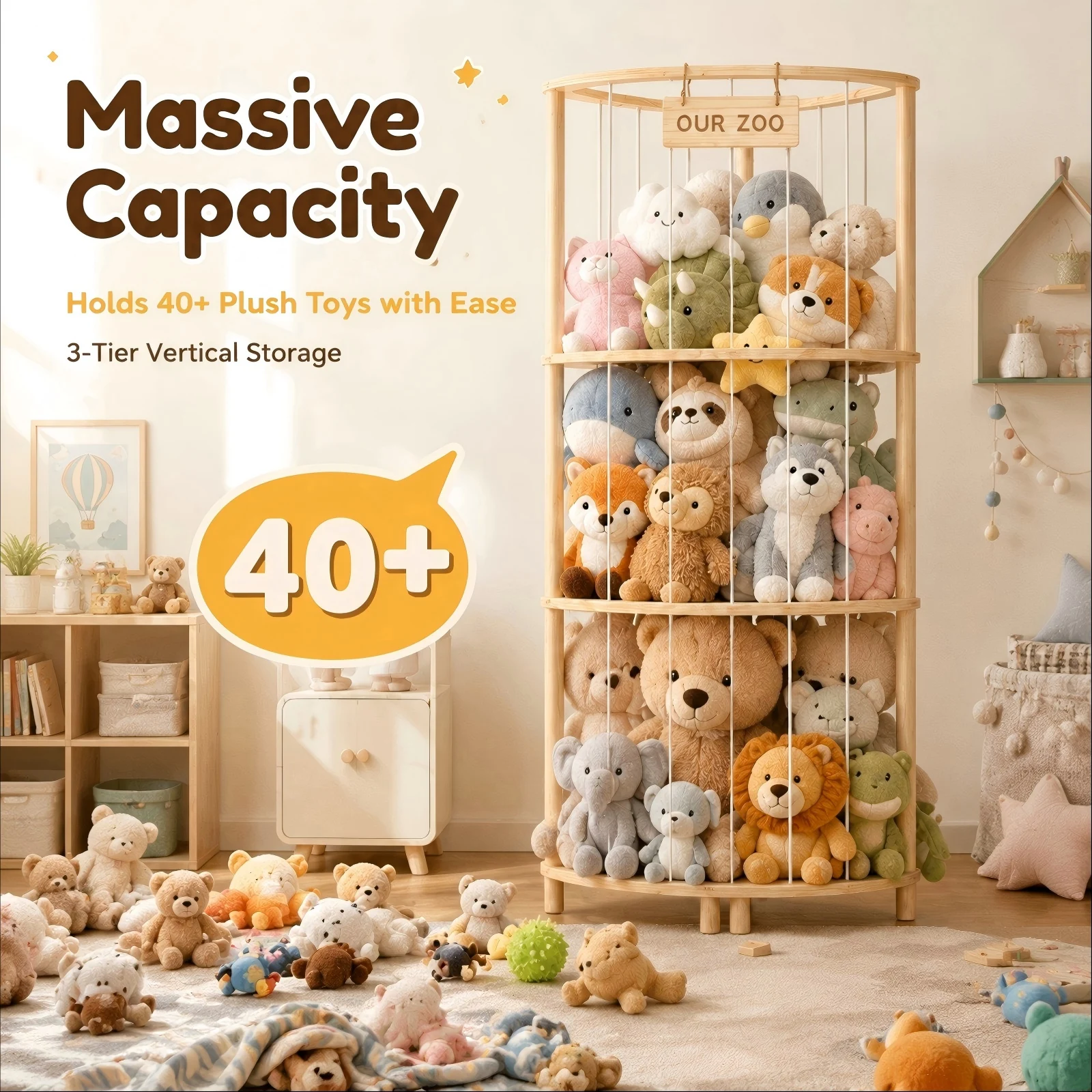 Torre portaoggetti in legno massello per peluche, 3 livelli 90 ° Organizzatore angolare per peluche con cordini elastici flessibili, design anti-ribaltamento, grande capacità, ideale per contenere