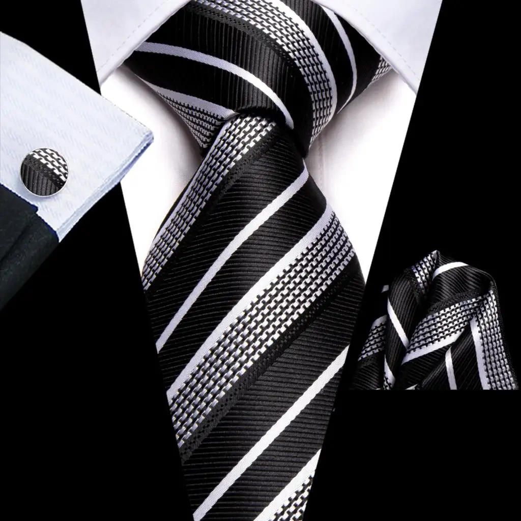 

Hi-Tie Designer Black White Striped Silk Wedding Tie For Men Handky Cufflink Gift Men Necktie Fashion Business Party Dropship