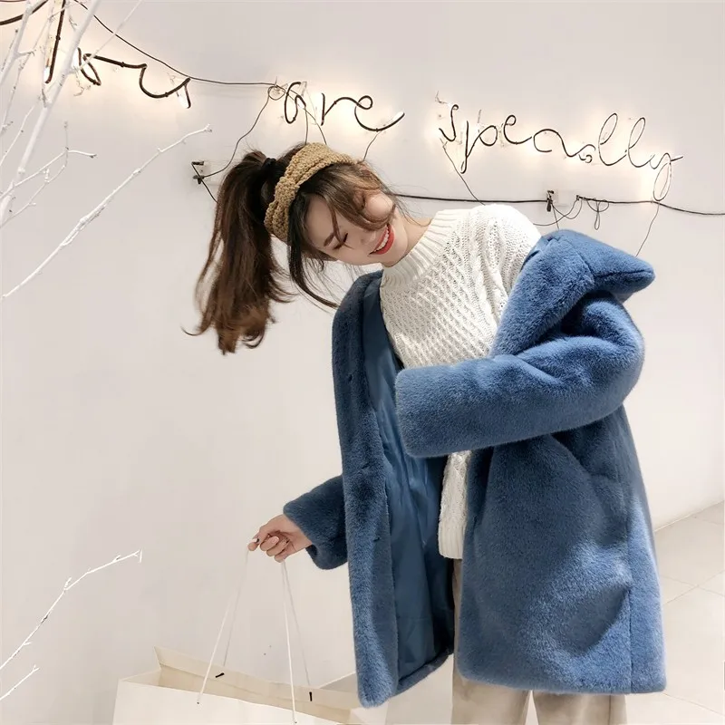 Long New Faux Mink Fur Coat Thickened Loose Hooded Mink Plush Artificial Fur Overcoat Women Female Warm Winter Windbreaker