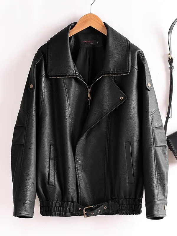 Cool Leather Jaet Or Sle 2025 da donna Nuovo cappotto allentato in pelle da motociclista eepskin Capispalla in vera pelle Faionable Commute D...