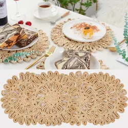 Round Woven Placemats for Dining Table Set of 4 Natural Braided Rattan Tablemat Hollow Wicker Charger Plates for Table Mat