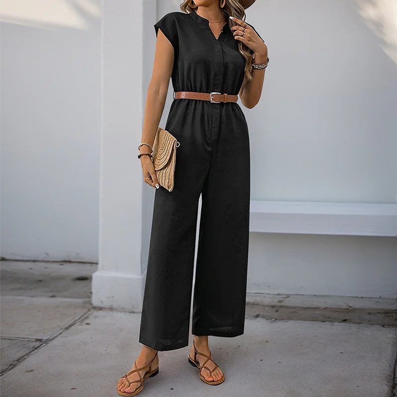 

Faionable Women's Jumpsuit Casual Spring Summer Ladies Clothes Street Sle mid Waist Belted Long Pants Cotton Blend