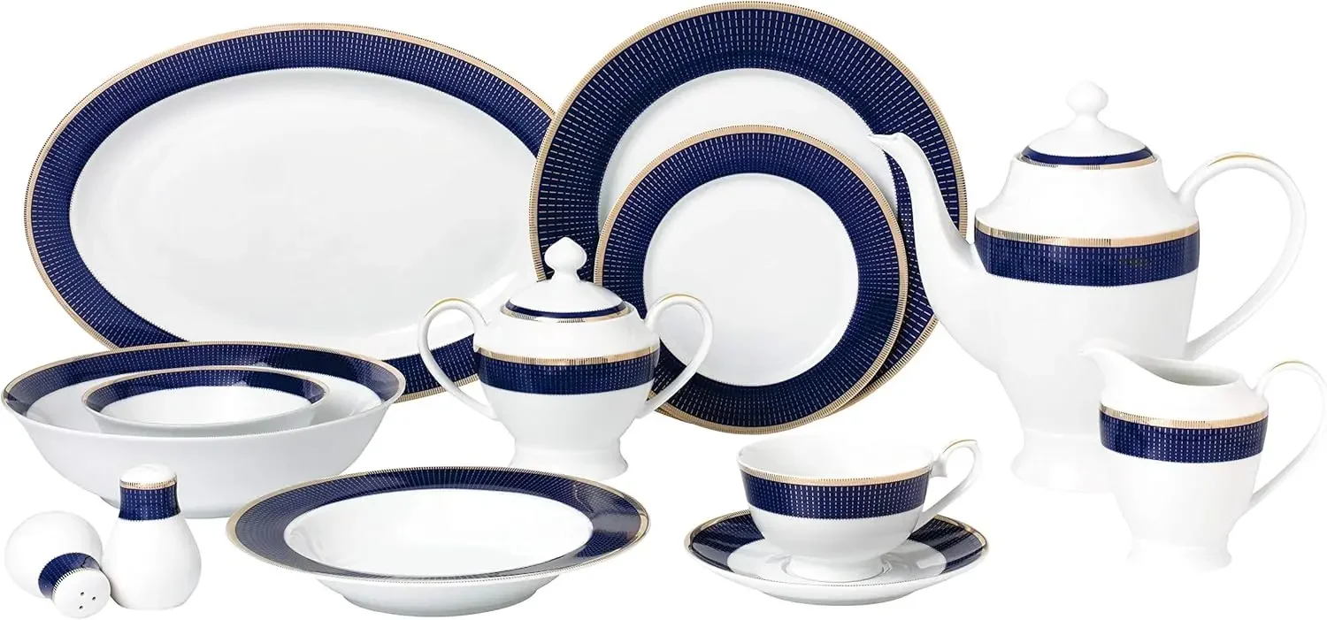 57-Piece Bone China Dinnerware Set - Midnight Gold Banded Formal Modern Contemporary Round Porcelain 57 Piece Dishwasher Safe