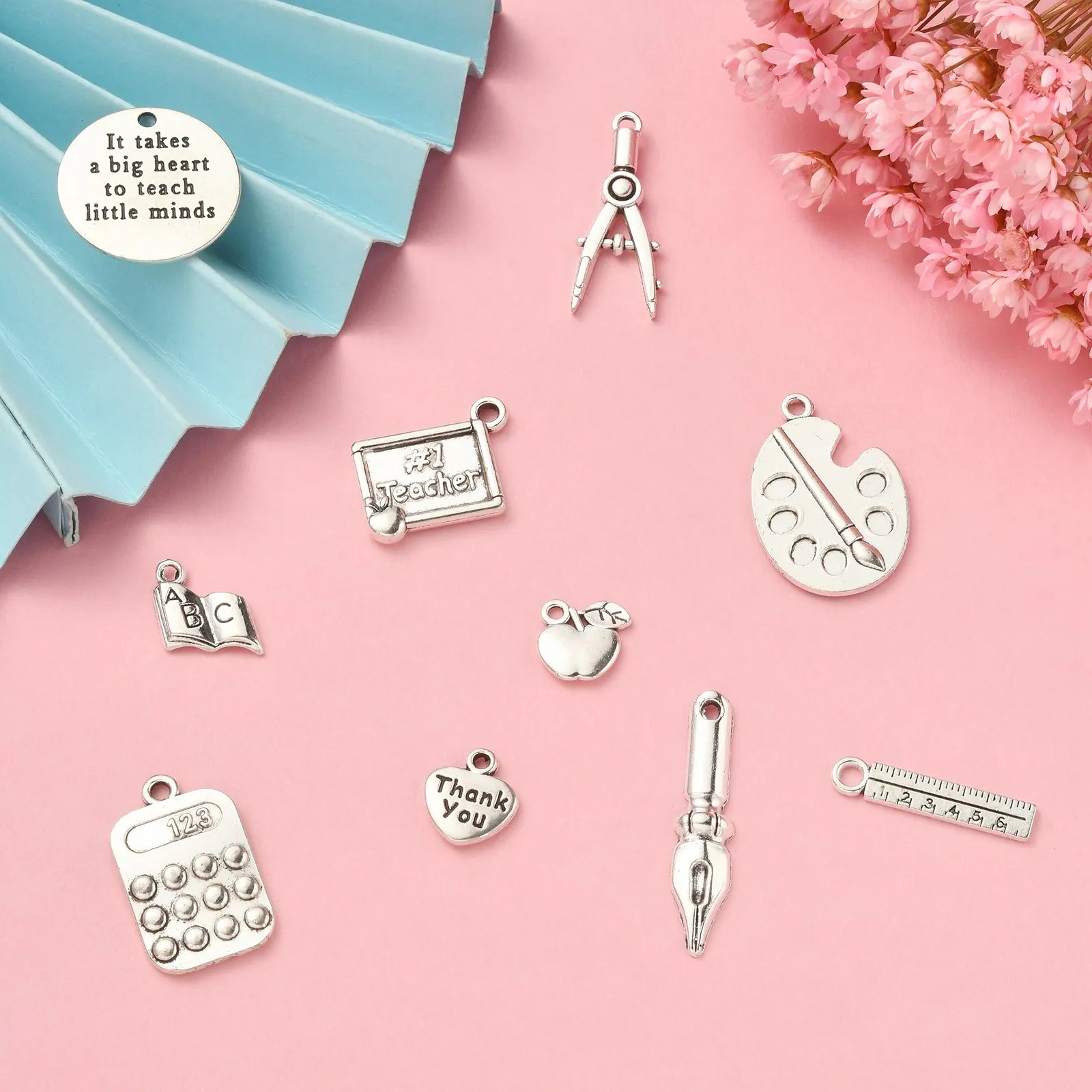 100Pcs 10 Styles Antique Silver School Teacher Charms Ruler Pen Book Palette Charms for Teacher's Day Jewelry Making DIY
