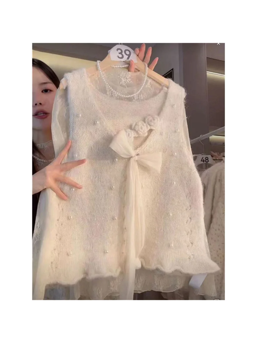 Delicate Embroidered Pearl Knit Top  Knot Lace Slim Fit Short Style for Autumn Winter Layering Women's Vest