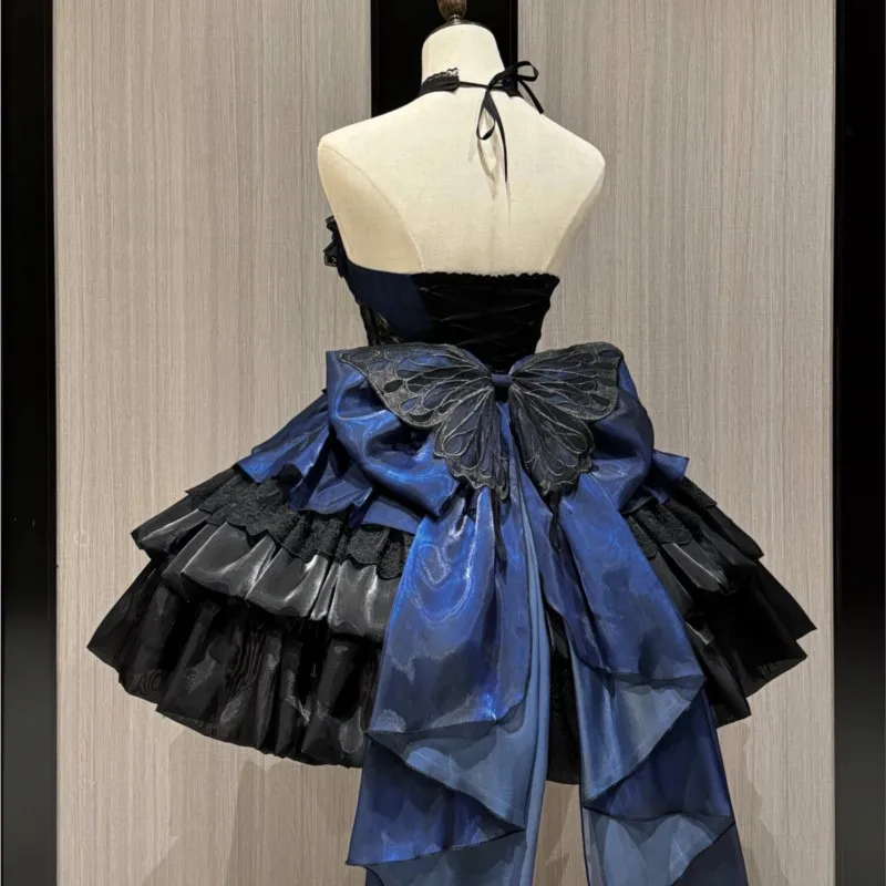 Black and Blue Halter Pure Desire Dress Trailing Pettiskirt