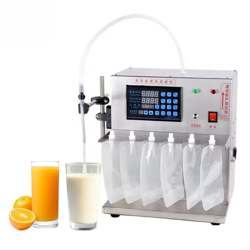 Commercial Stainless Steel Tea Oil Beer Alcohol Yogurt Doypack PE Nozzle Pouch Portable Electric Six Head Liquid Filling Machine
