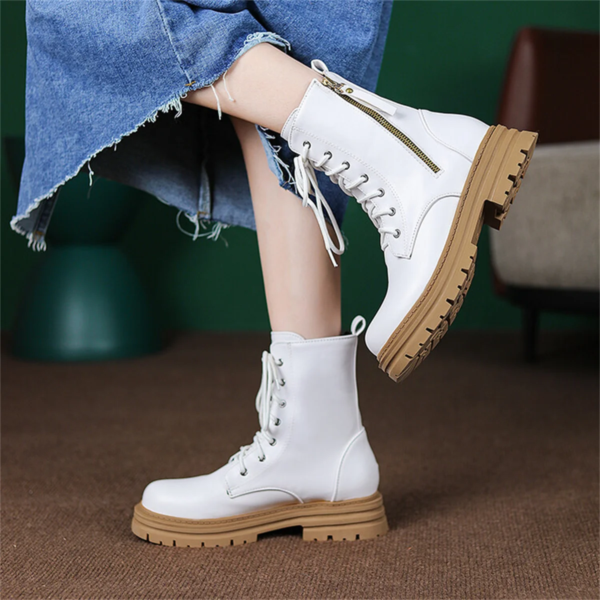 British London Style Girls Shoes Thick Soled Lace Up Zipper Martin Boots Thick Soled  Round  Headed  4cm short Heeled Boots