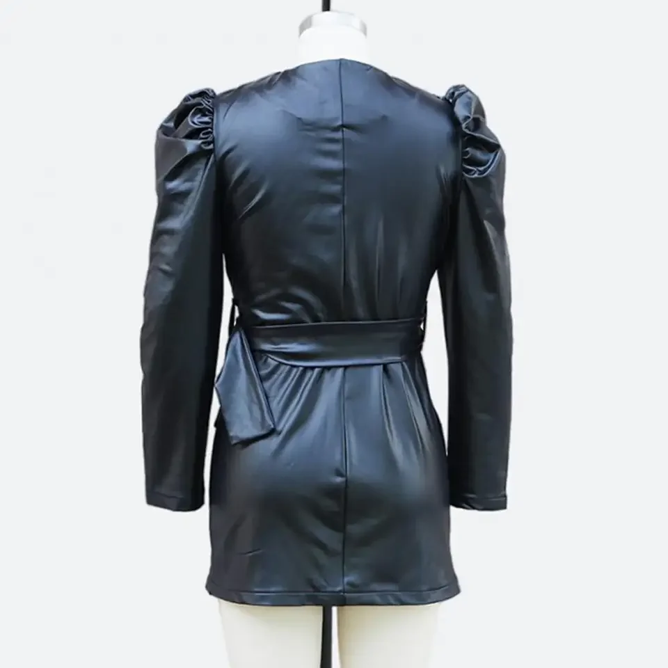 

Spring Women Dress V Neck Belted Waist Smooth Faux Leather Long Bubble Sleeves Solid Color Commuting Shopping Office Mini Dress