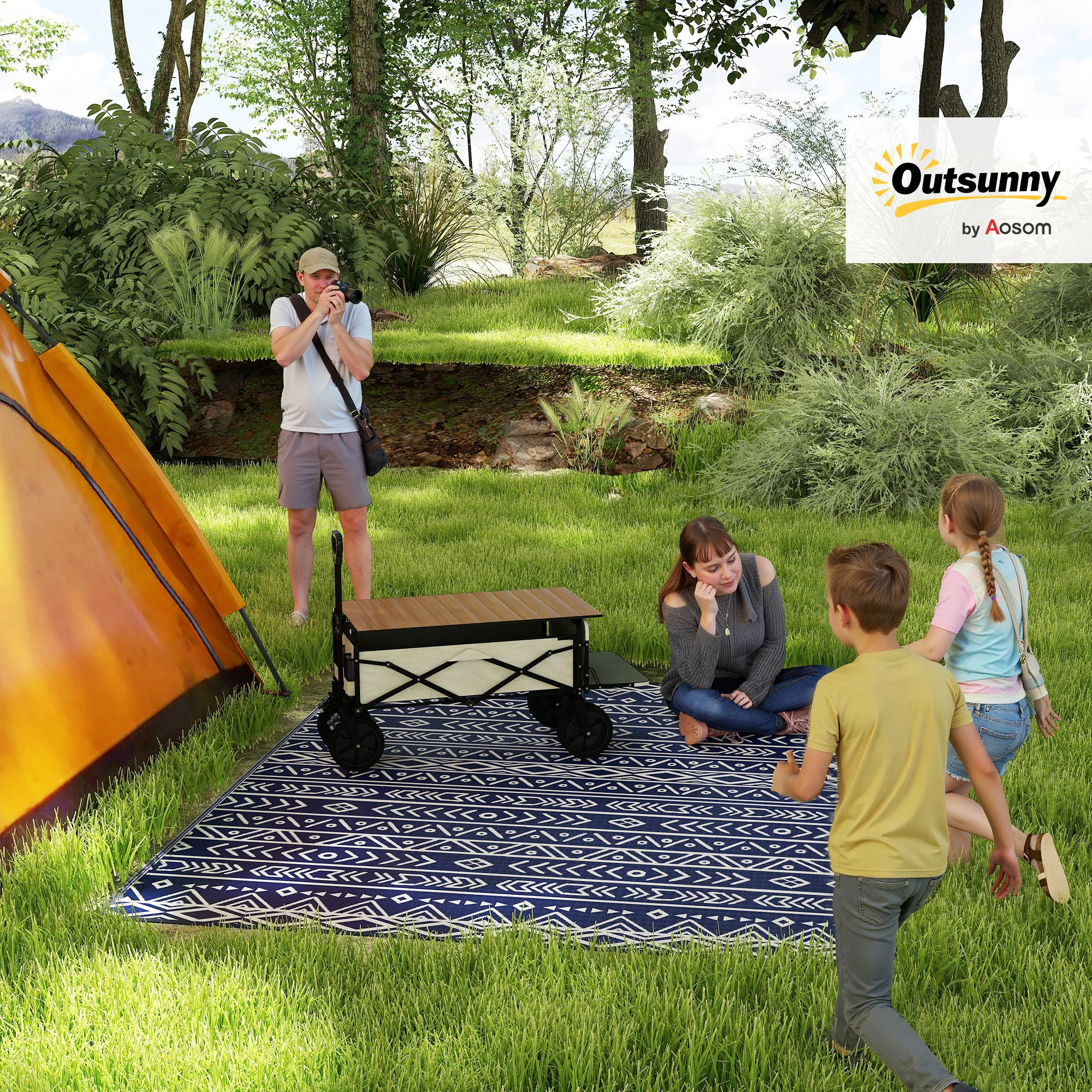 Outdoor Rug, 8' x 10' Plastic Straw, Blue White Geometric