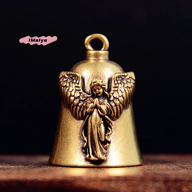 M-Brass Vintage Cross Guardian Angel Wings Bell Motorcycle Bell Keychain Men's Biker Exorcist Amulet Lucky Jewelry Accessory