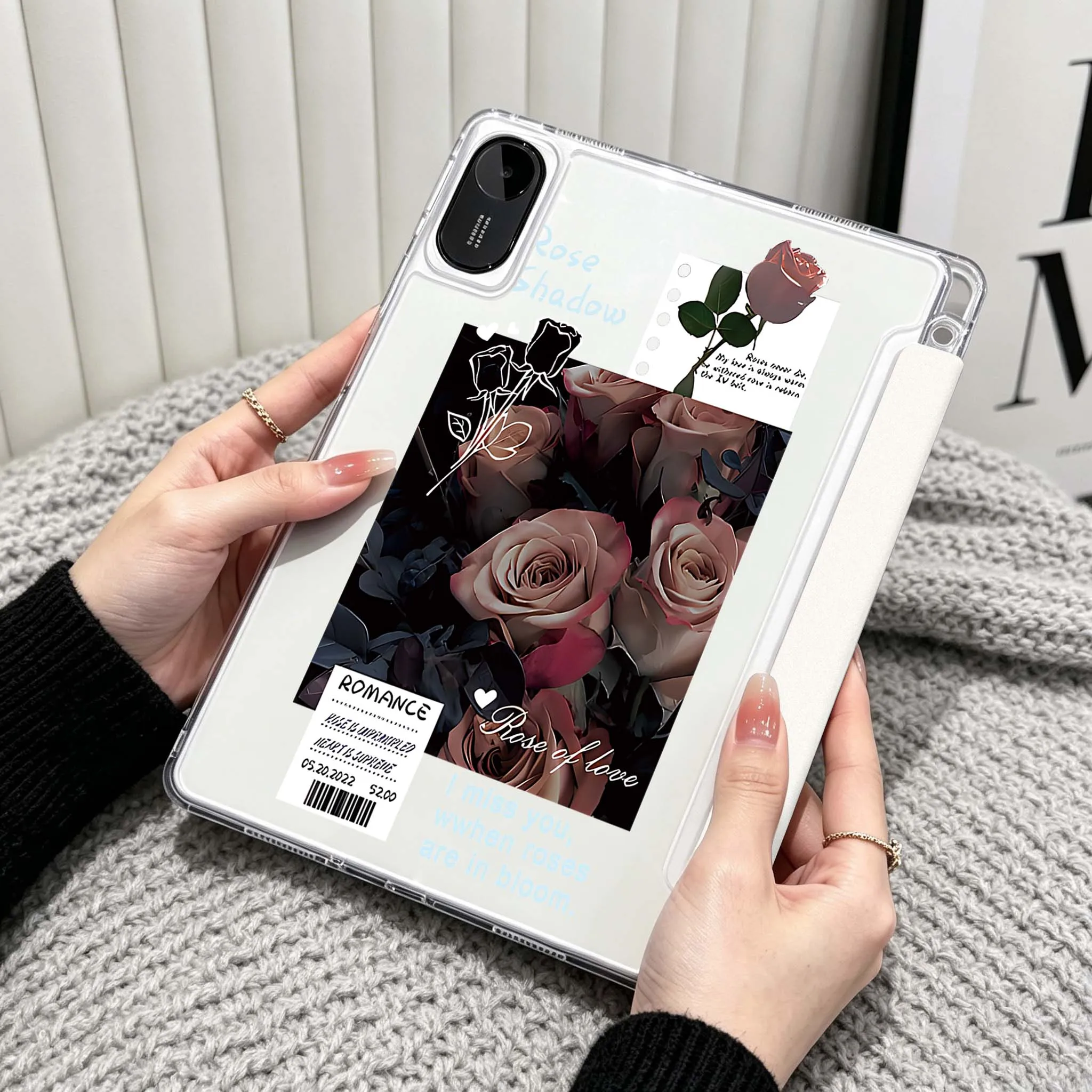 White Roses Bouquet For Xiaomi Redmi Poco Pad 5 6 7 8 Pro SE 11 11.2 12.1 Inch Transparent Y-Shaped Folding Tablet Case