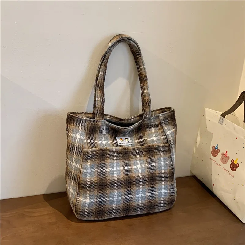 Shoulder Bag Large Capacity Handbag Woolen Cloth Check Korean New Style All-match Casual Tote Street Fashion Classic All-match