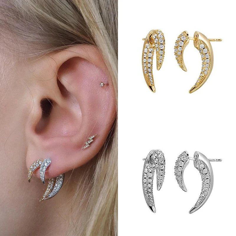 CRMYA Unique Gold Silver Colors Cubic Zirconia CZ Tusk Ear Jacket Stud Earrings For Women Pave Double Spike Earring Jewelry