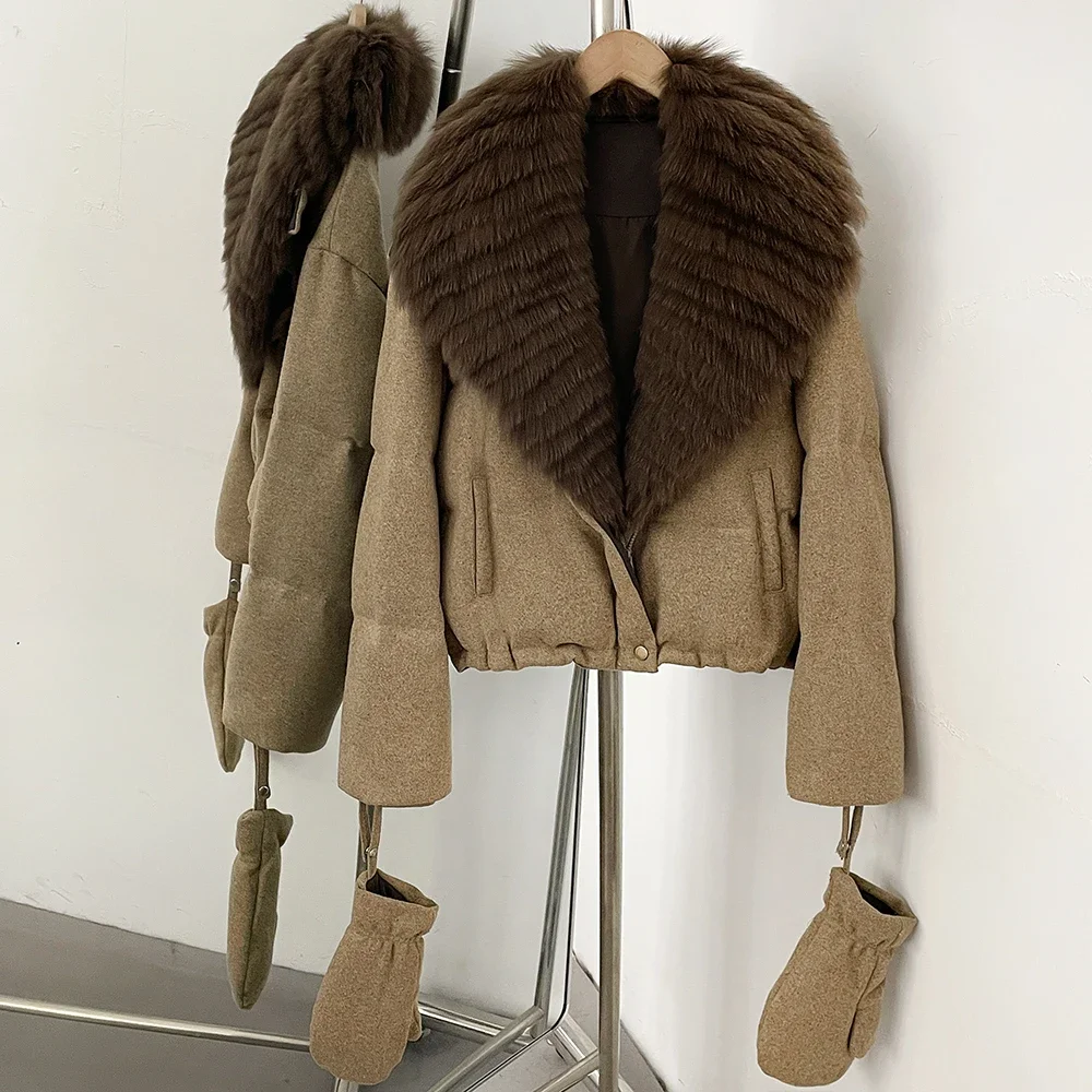 OFTBUY Kleidung mit echtem Pelzbesatz, neuer Daunenmantel mit abnehmbaren Handschuhen, kurze Damen-Woll-Daunenjacke mit echtem Fuchspelzkragen – Detail 16