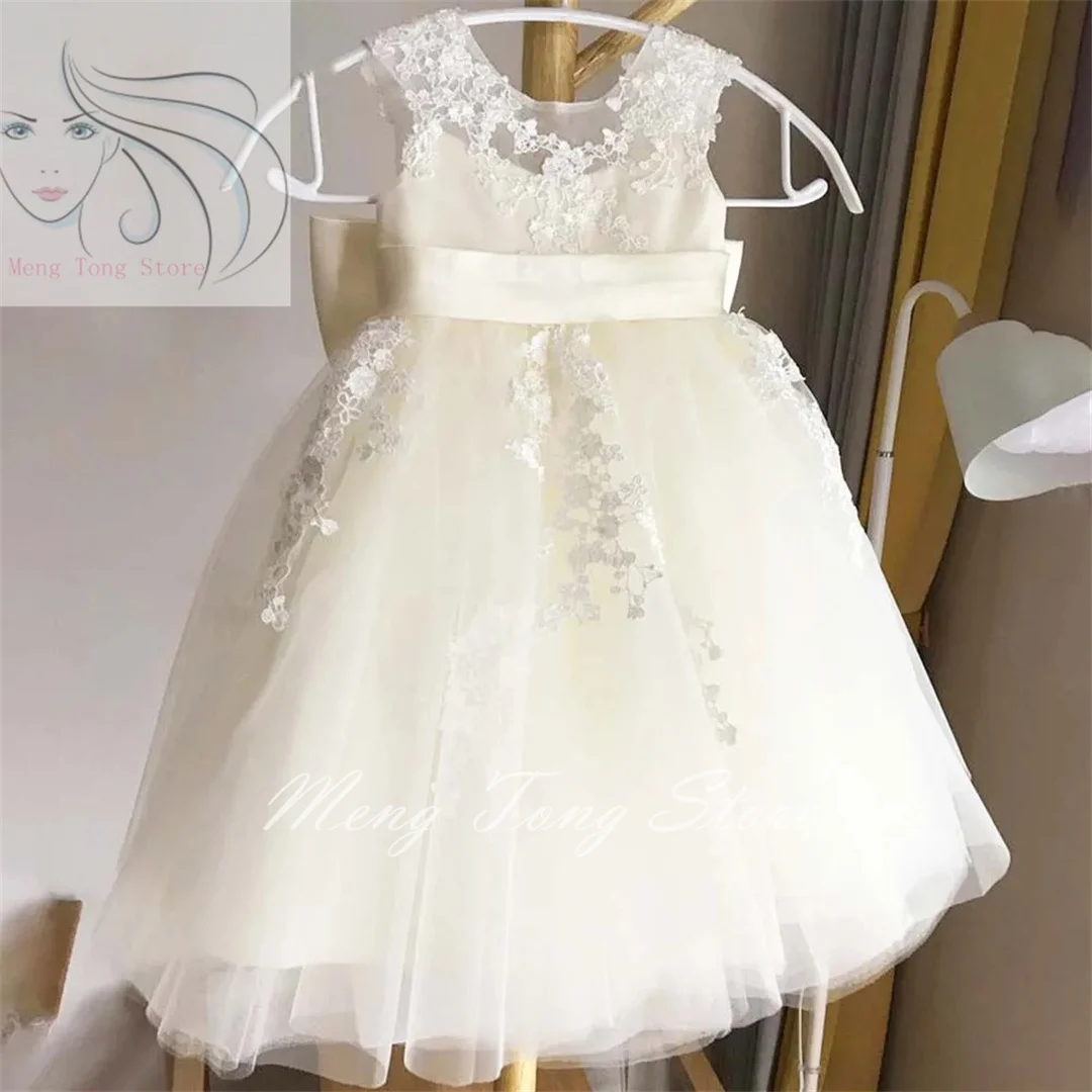 

Tulle Puffy Flower Girl Dresses Ivory Lace With Satin Bow Sleeveless Kids Birthday Ball Gowns Princess First Communion Dresses