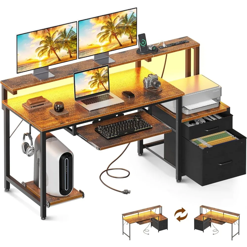 

55" Computer Desk with Fabric File Cabinet and Drawer, Reversible Office Desk with Power Outlet and LED Light, Study Desk with