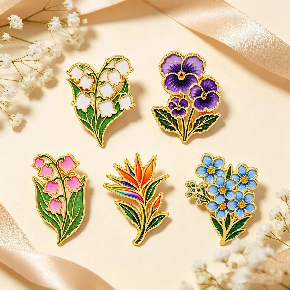 Botanical Flower Enamel Pin Lily of the Valley Forget‑Me‑Not Brooches on Clothes Pins for Backpacks Lapel Woman Men Jewelry Gift