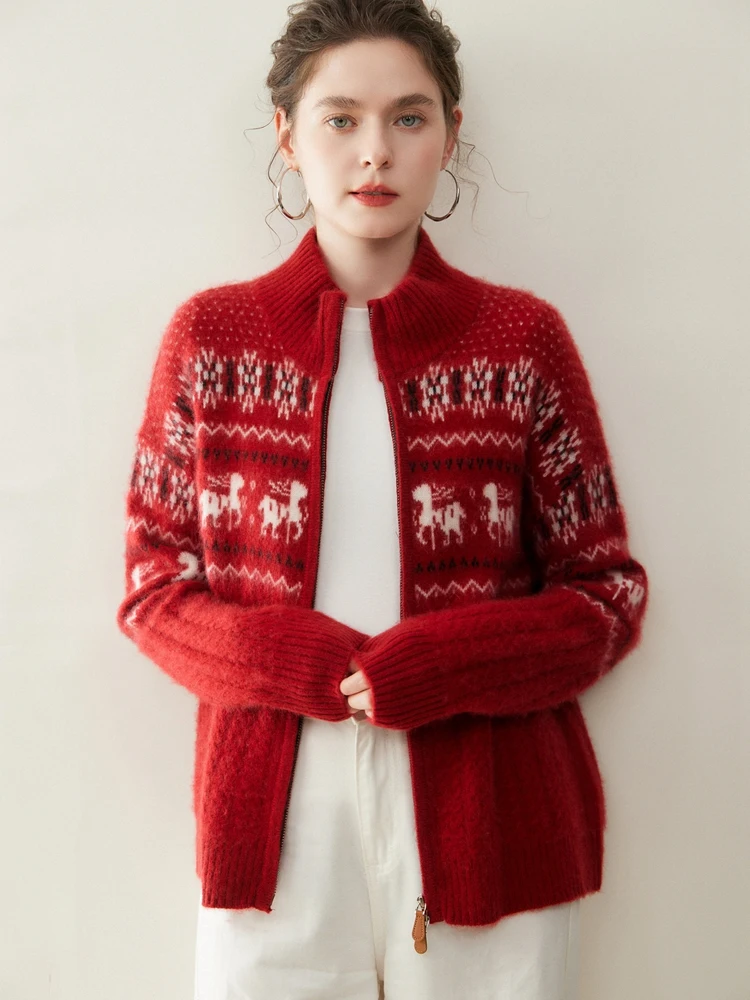 Suéter de punto de Cachemira 100% grueso de Jacquard para mujer, cárdigan con cuello simulado, ropa cómoda y cálida para otoño e invierno, Tops