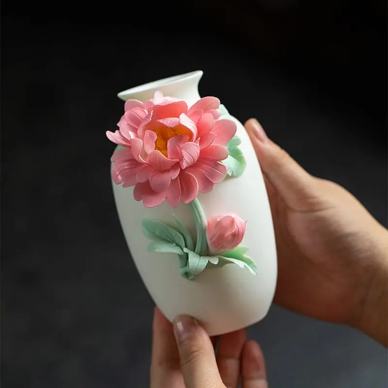 

Ceramic Handmade Peony Vase Creative Simple Home Living Room Table with Dried Flowers Decorative Ornaments Ancient Style Hanging