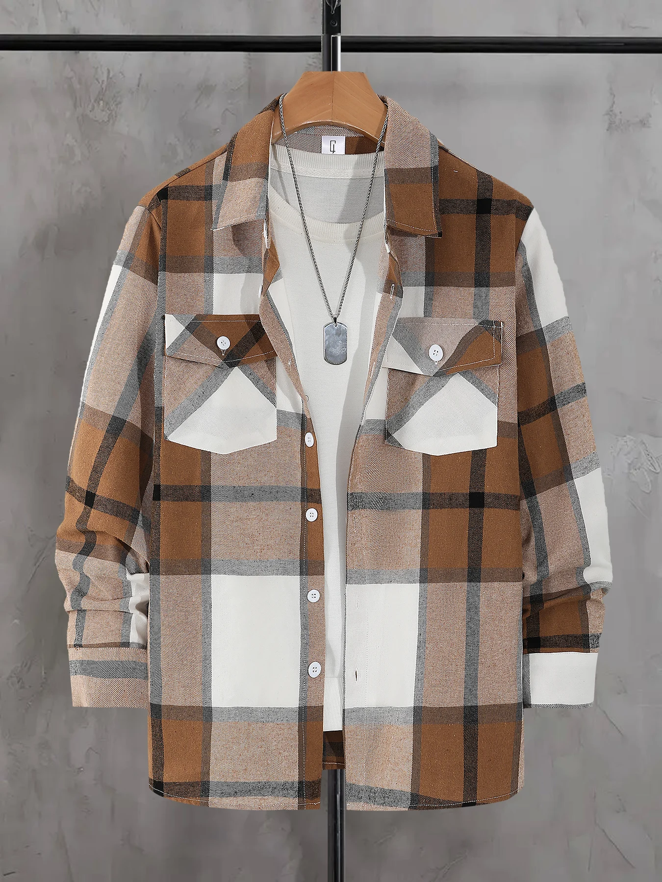 

Men's Retro Large Plaid Long Sleeve Shirt Spring Autumn Loose Casual Double Pocket Lapel Collar Blouse