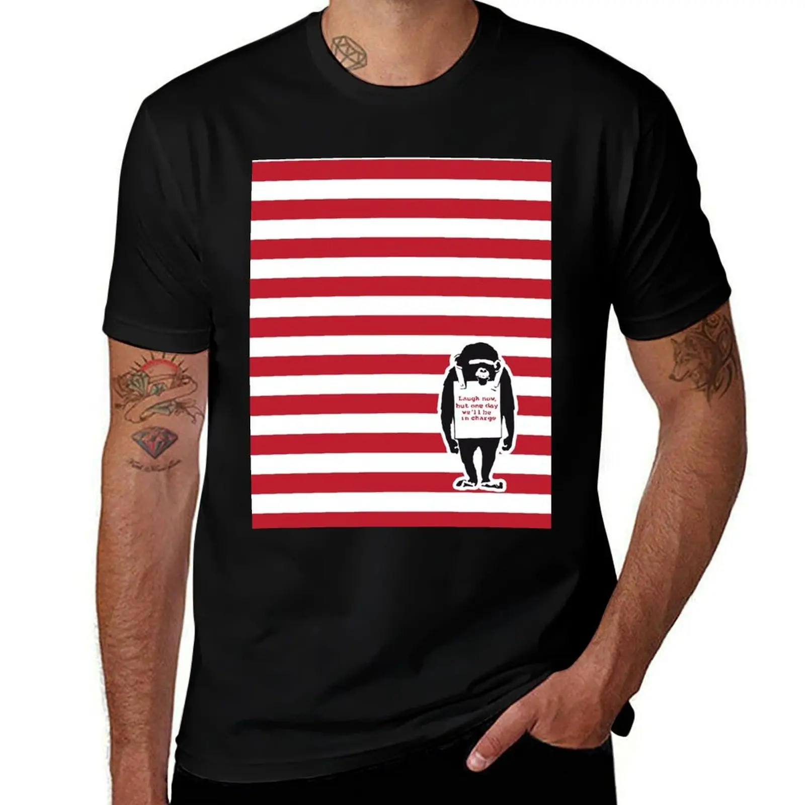 Banksy Quote Monkey Chimpanze Laugh Now, but one day we'll be in charge Graffiti Street art with Banksy signature tag an T-Shirt
