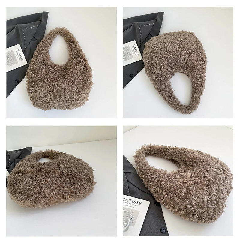 Flauschige, lockige Kunstfell-Hobo-Schultertasche, Plüsch-Halbmond-Unterarmtasche, weiche Teddy-Fuzzy-Halbmond-Handtasche, warme Winter-Handtasche für Damen – Detail 4