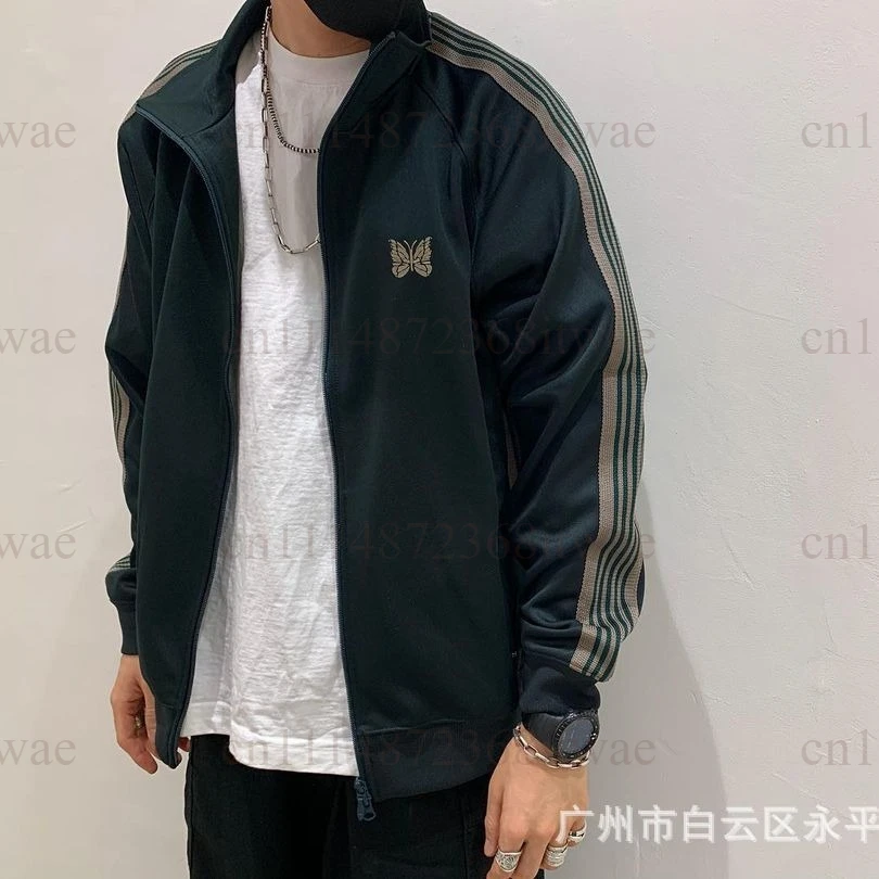 Unisex Zip‑Up Track Jacket Butterfly Embroidery Side Stripe Stand Collar Retro Loose Casual Street Sport Outerwear For Men Women