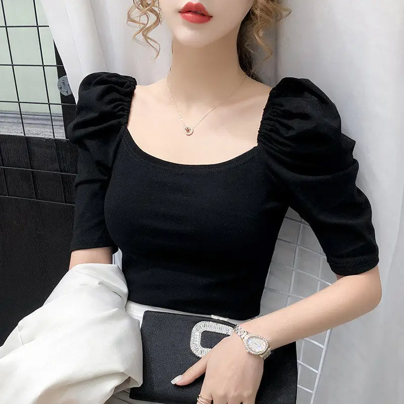 Women's Summer Fashion Simplicity Solid Color Slash Neck Short Sleeve T-Shirt Women Clothes Office Lady All-match Slim Tops