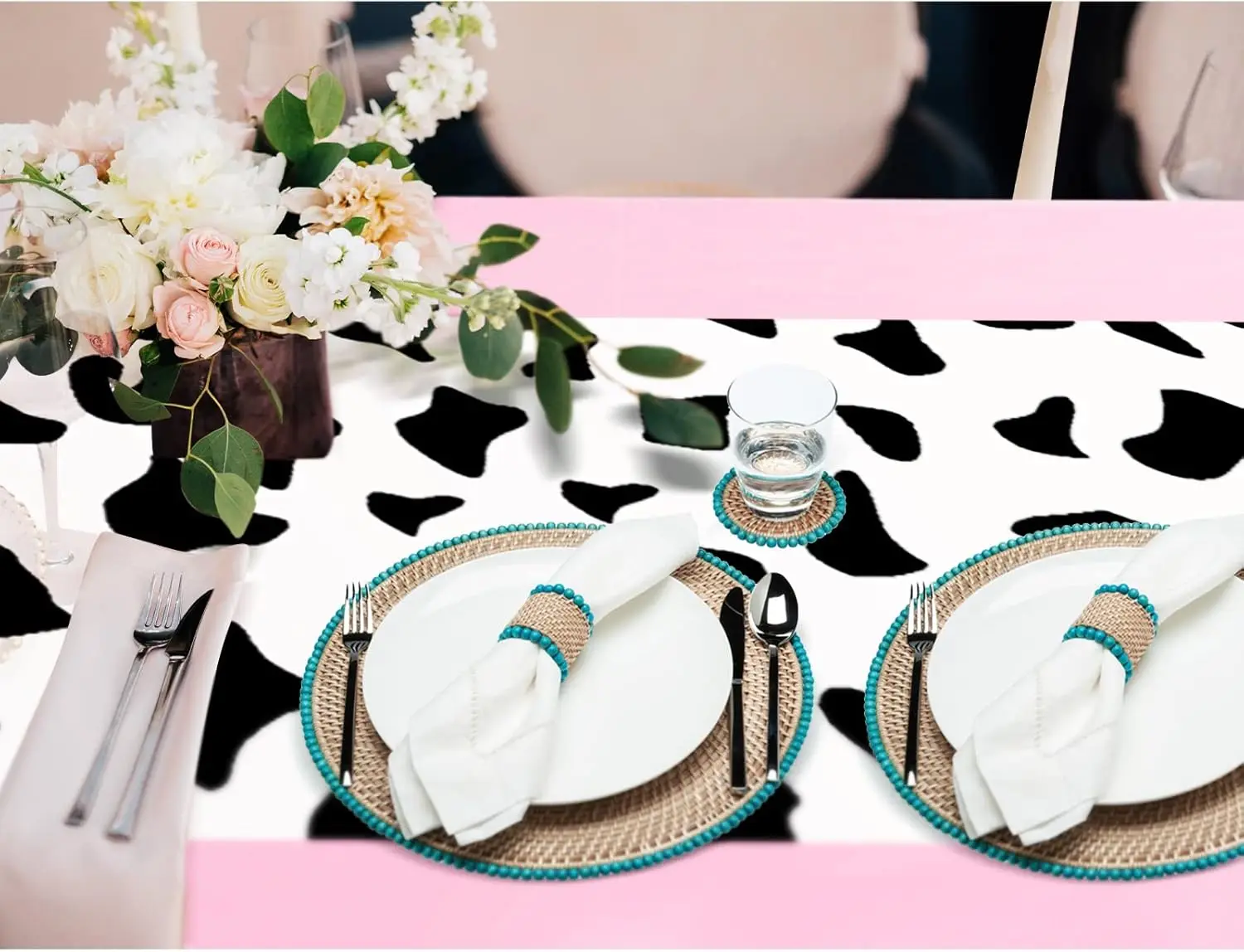 1Pc pink Cow Tablecloth for Party Cowboy Cow Table Runner Print Table Cover Toy Rectangular Birthday Party(Pink Elegant Pattern)