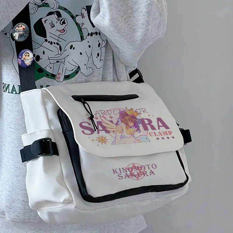 Anime Card Captor Sakura Shoulder Bag Black White Messenger Cartoon With Front Zipper Badges Crossbody