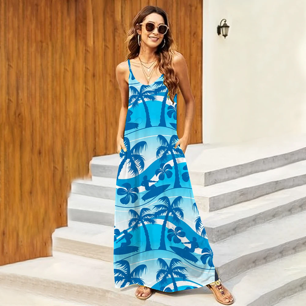 

Women's High Quality Sleeveless Maxi Dress Casual Summer Fashion Sundress Beach Coconut Tree Print Maxi Backless Dress Clothing