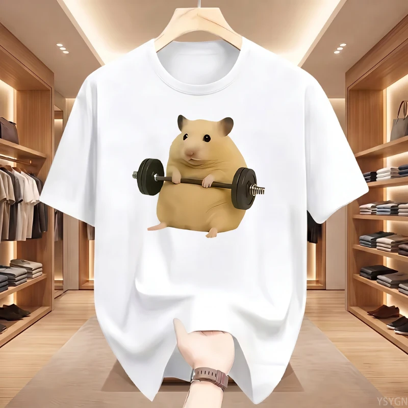 New Men Light Green Hamster Lifting Weights Graphic Harajuku Short Sleeve Casual T-shirt Clothing Street Aesthetic Clothes