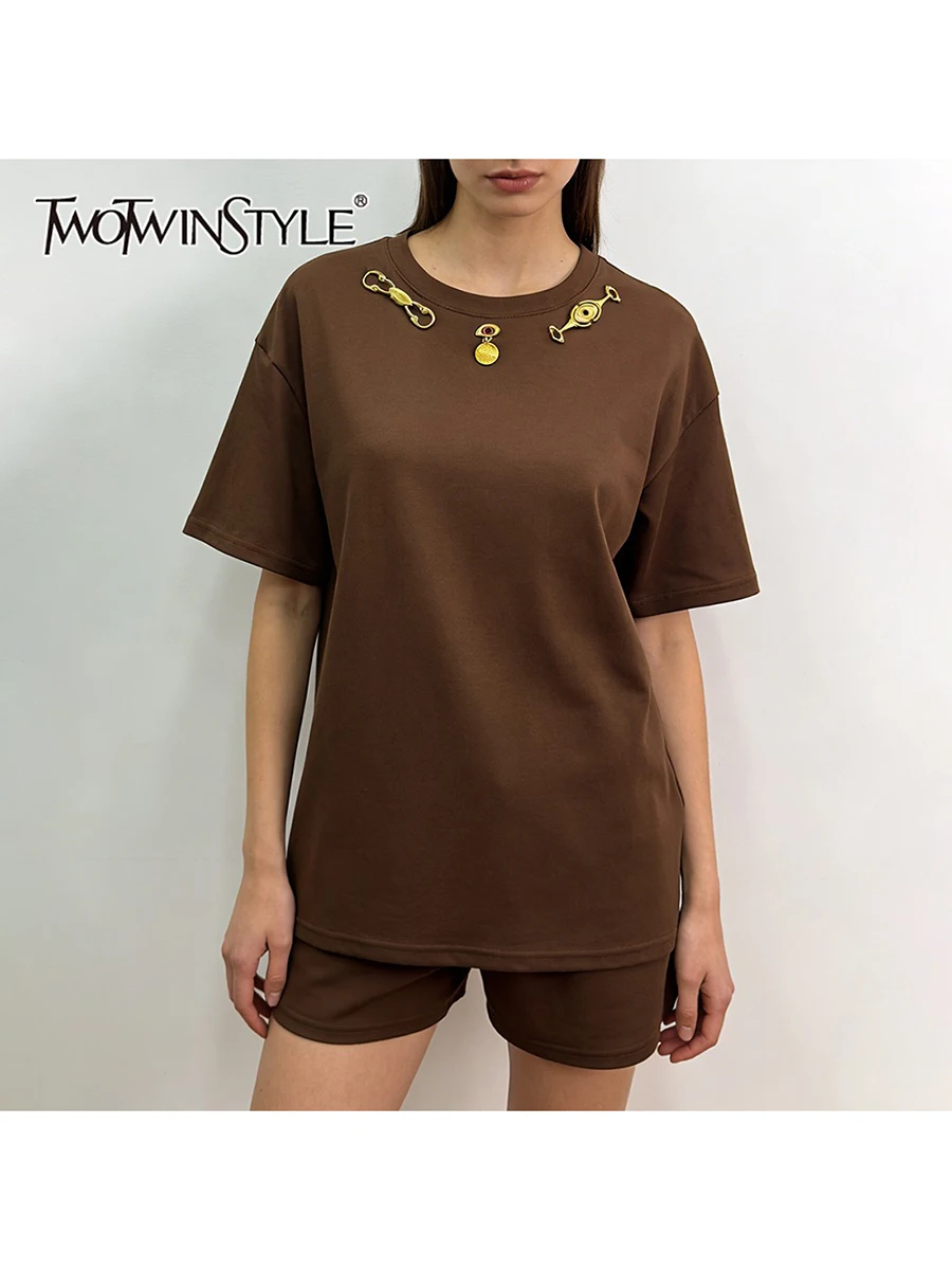 

TWOTWINSTYLE Fashion Spliced Sequined Minimalist T Shirts for Women Round Neck Short Sleeves Casual T Shirt Female Clothing New