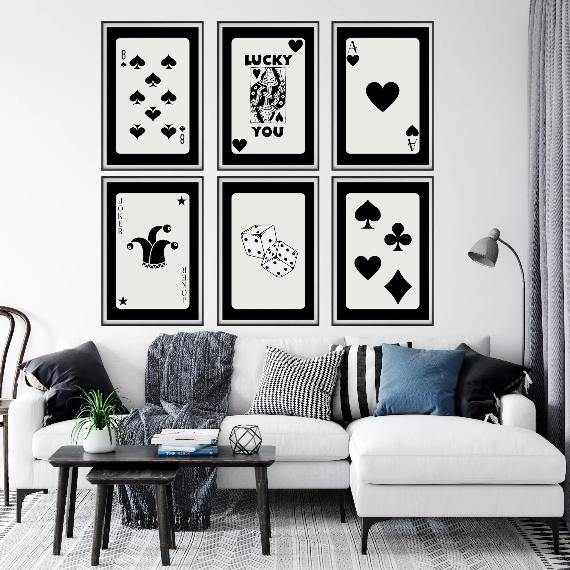 Retro Poker Wall Art Trendy Poster Canvas Set Of 6 Painting Lucky Playing Card Funky Black White Queen Joker Ace Room Home Decor