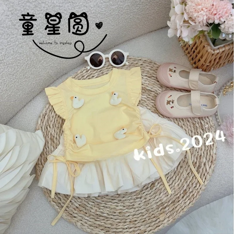 

Summer New Cute Children's Fun Three-Dimensional Cartoon Flying Sleeves Hot GirlTSuit Yellow Small Flower Duck Cute