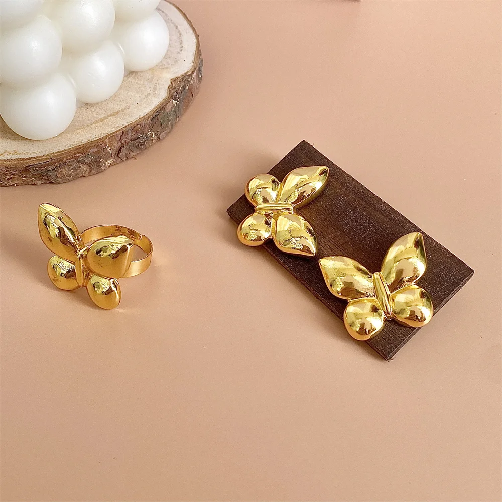 

3 Piece Smooth Metal Butterfly Women's Earrings Ring For Woman Luxury Jewelry Sets Insect Ear Stud Rings Decoration Accessories