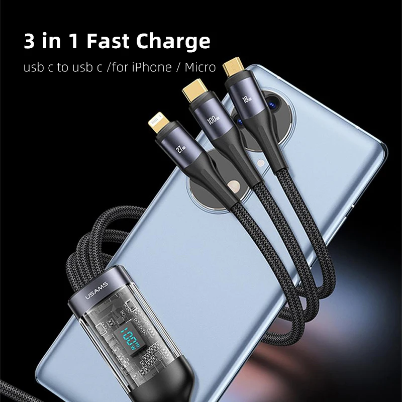 USAMS 100W 3 en 1 Cable tipo C pantalla Digital PD Cable de carga rápida USB C 3 en 1 para iPhone iPad MacBook Xiaomi Samsung Huawei