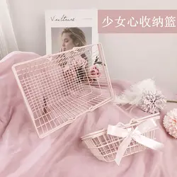 Girl's Heart Pink Bow Desktop Miscellaneous Storage Shopping Basket Cute Hand Basket Photo Props Iron Art Basket Desktop Storage