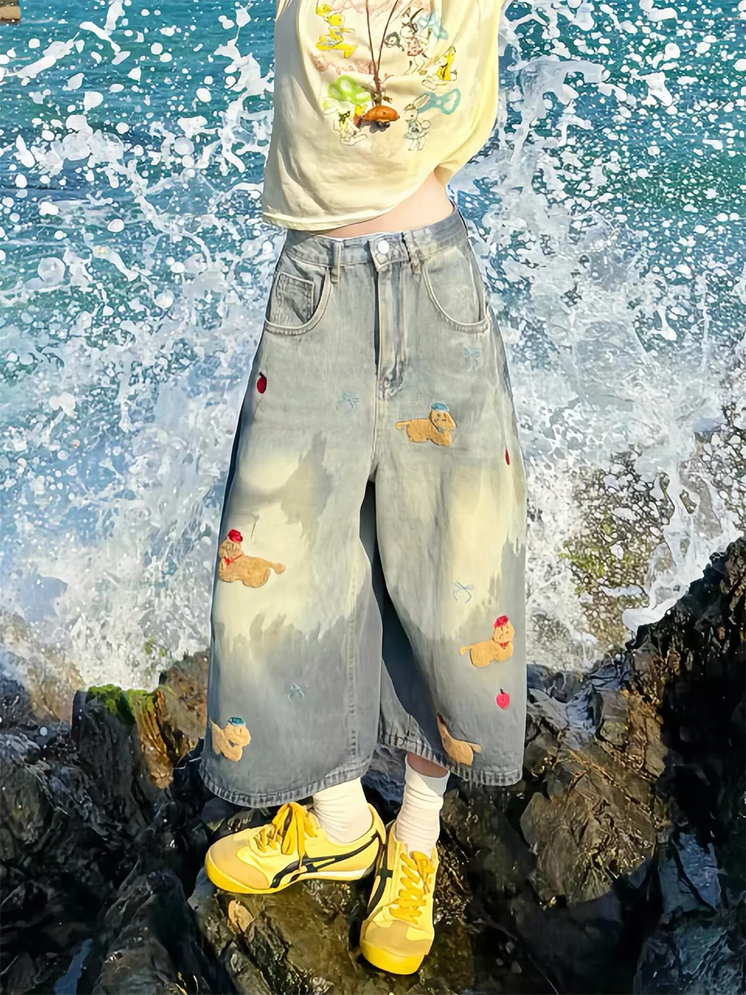 

Retro Dopaamine Cartoon Dog Embroidery Slimming Seven-Foot Women's Jeans High Waist Wide Leg Pants Straight Loose Trousers