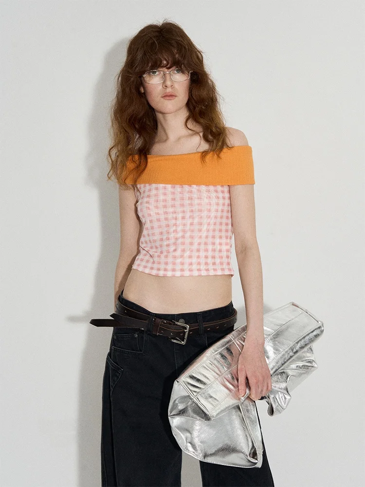 

CCFURS Heart Ba oulder Double Layered Me Plaid Crop Top Light Spring Series Korean Sle Slim Fit Polyeste...