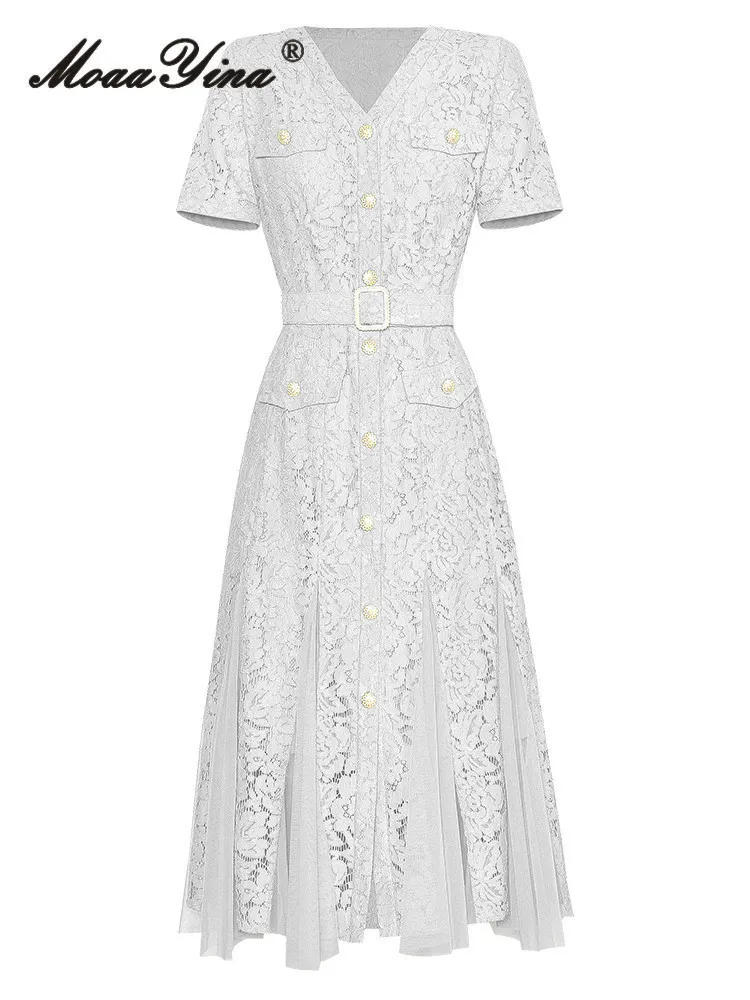 

MoaaYina Summer Fashion Designer High Quality Women Dress Net Yarn Embroidery Lace Hollow Out Button Sashes Temperament Dresses