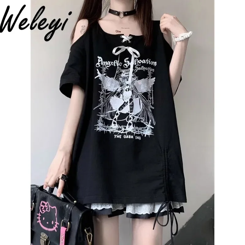 Kawaii Jirai Kei T Shirt Summer Japanese College Style Wear Womens Drawstring Off Shoulder Anime Cute Sweet Short Sleeve Y2k Top