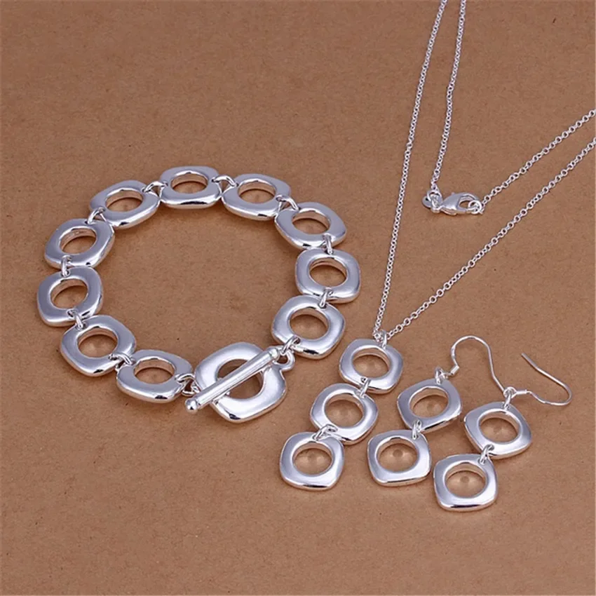 Image of Brandneues 925 Sterling Silber Quadratisches Anhänger-Armband Halskette Ohrringe Schmuckset für Damen Mode Party Weihnachtsgeschenke