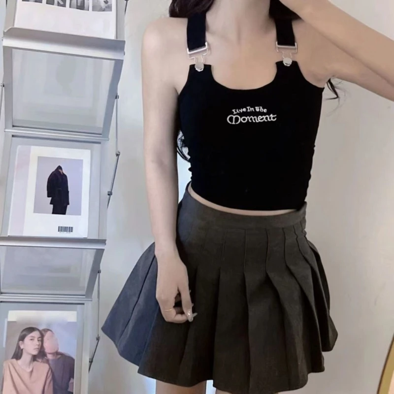 Camiseta sin mangas corta sin mangas para mujer con sujetadores estante Chaleco bordado con letras con clip metal