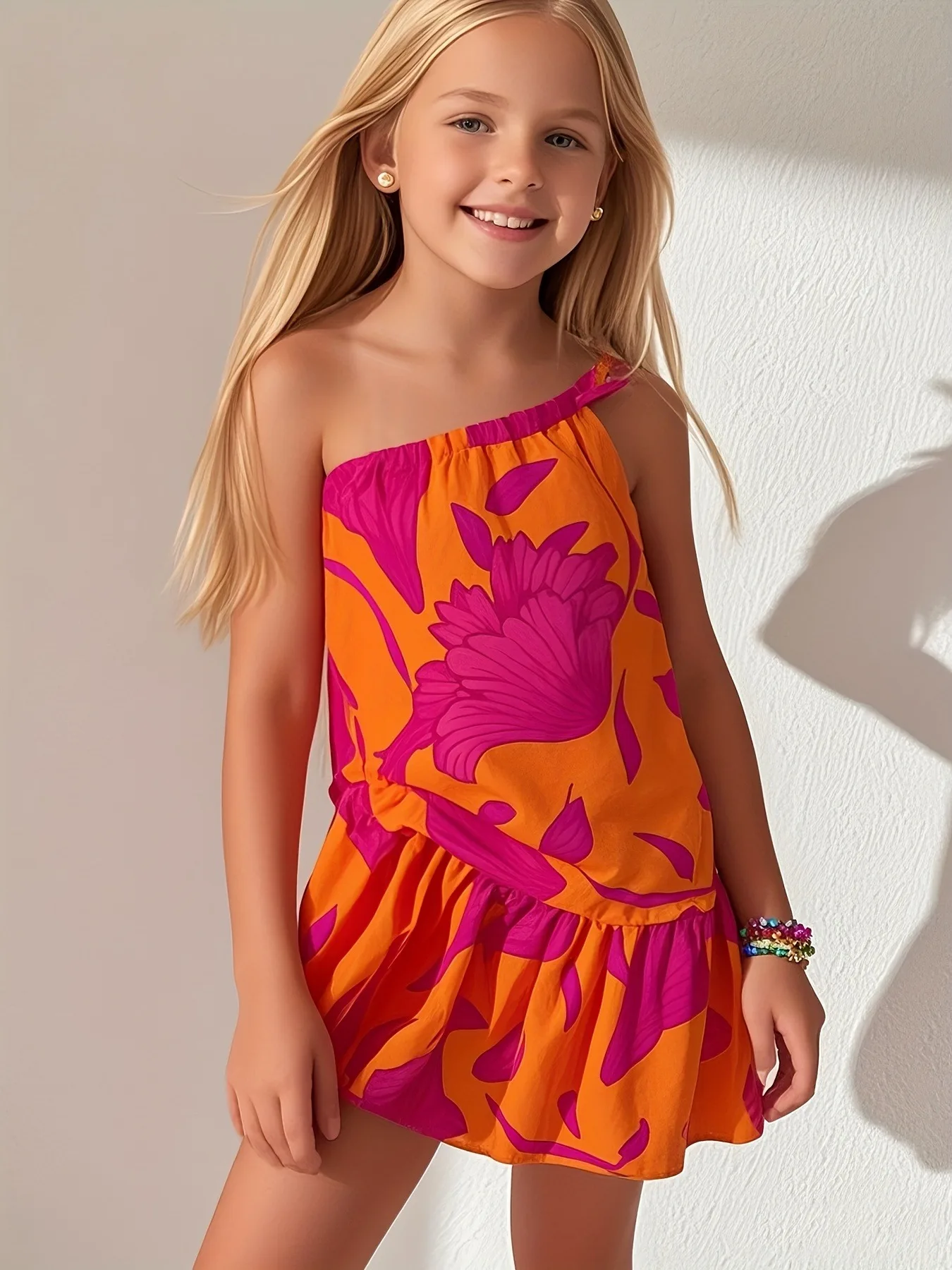 Trendiges Mädchen-Kleid mit One-Shoulder-Design und Tropenmuster, kurzes Kleid für Kinder, Sommer, Strandurlaub, Poolparty, Urlaub, lässiges, stilvolles Outfit