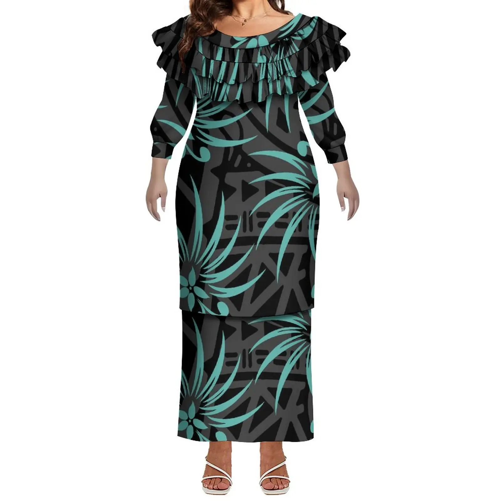Wholesale Price Custom Plus Size New Zealand Long Sleeve Dress Samoa Puletasi Dress Tonga Polyensian Print Lady Dress 2 Piece